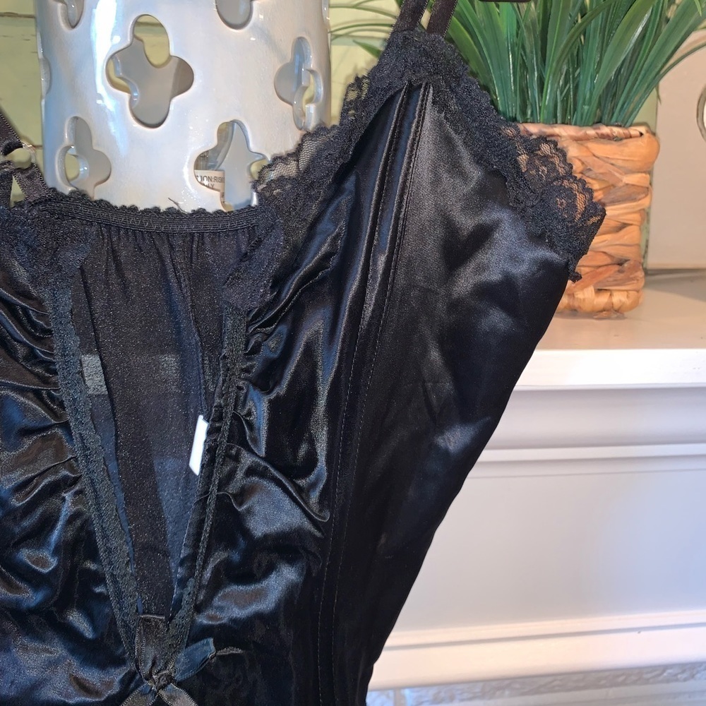 Emil Bole Vintage Black Satin and Lace Plunging Bust High Cut Sexy Teddy Large - Picture 2 of 7